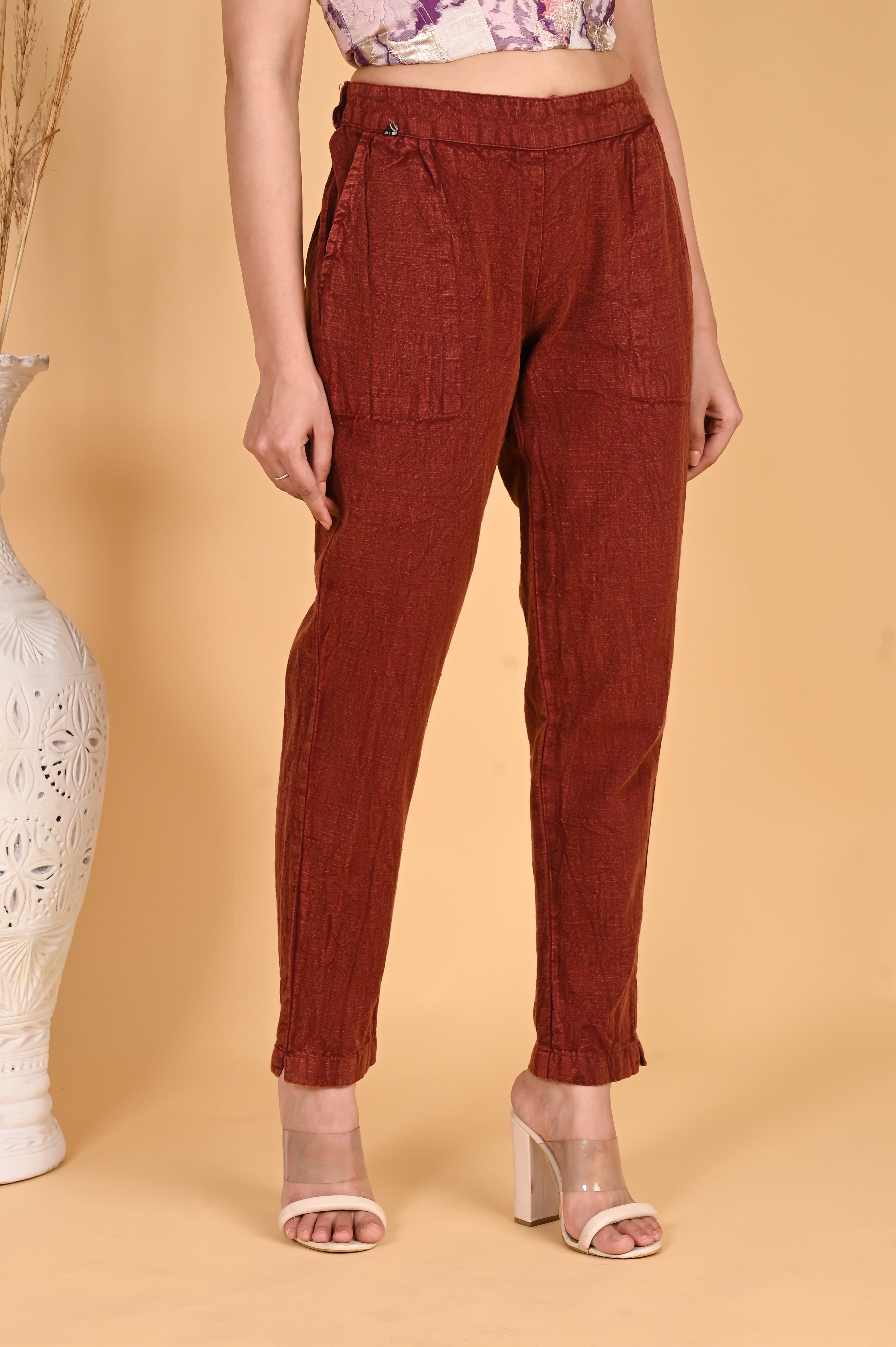 MAROON DENIM COTTON PANTS - SKYTICK