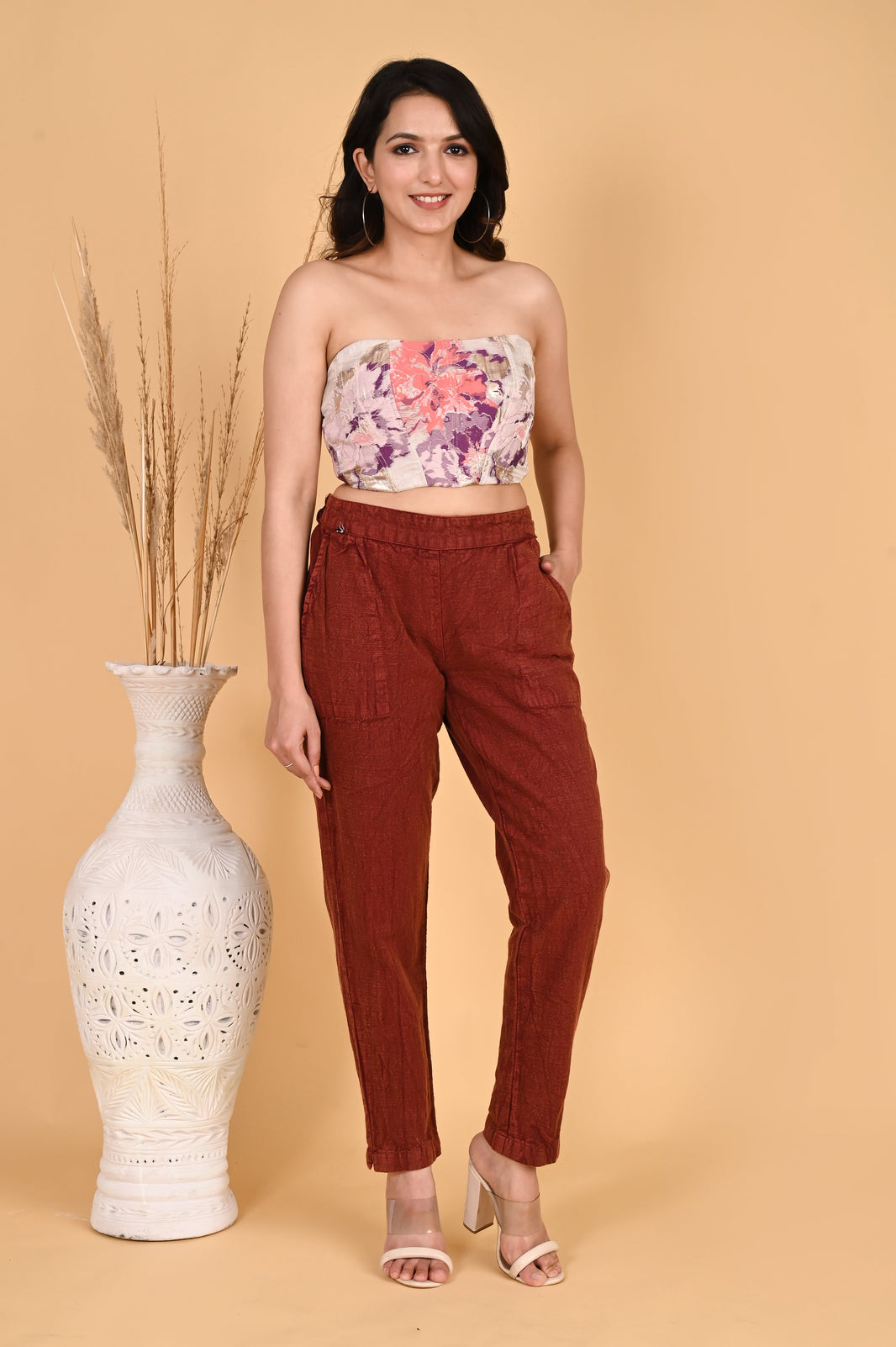 MAROON DENIM COTTON PANTS - SKYTICK