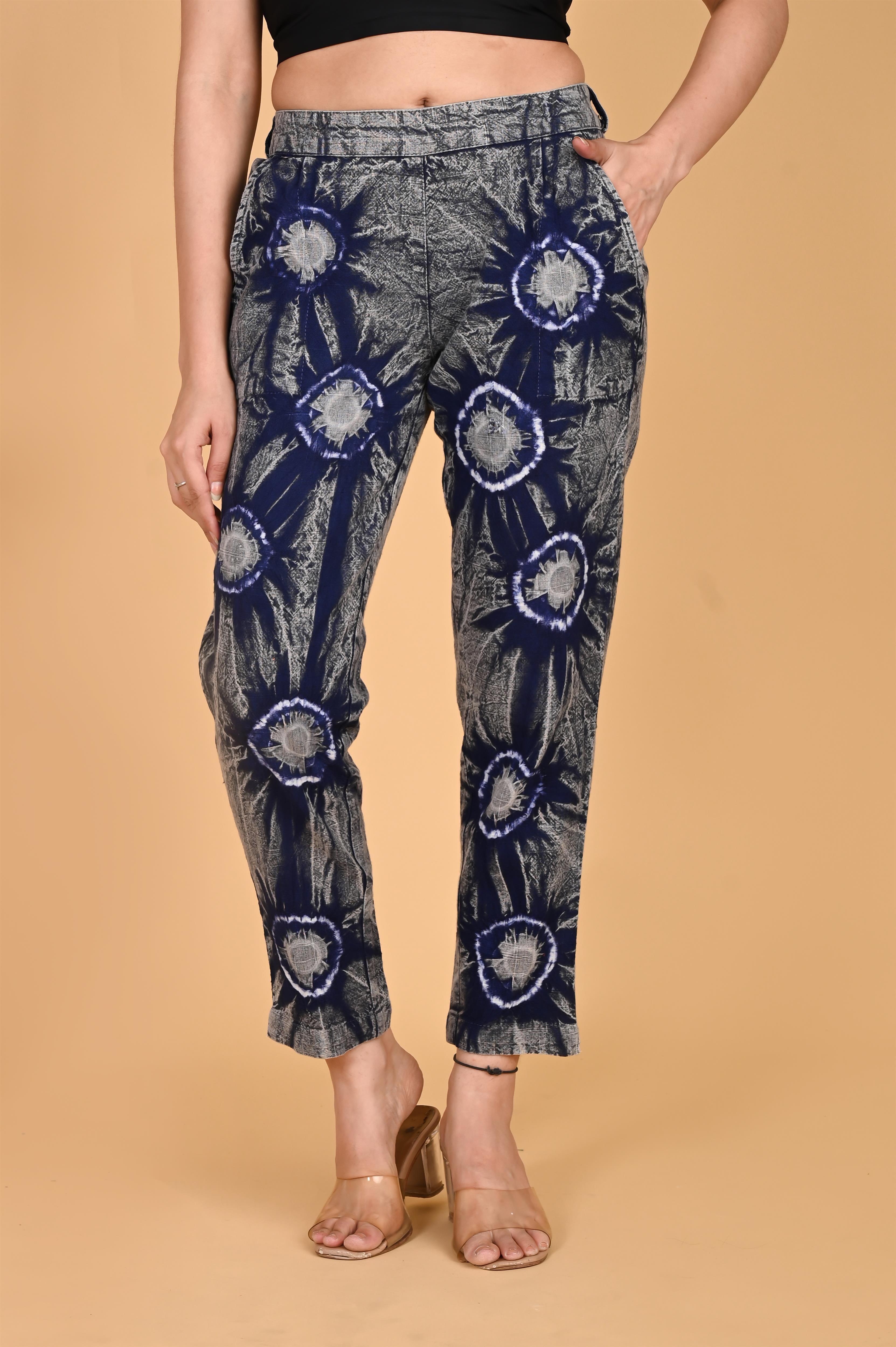 ROYAL BLUE BANDHEJ COTTON PANTS - SKYTICK